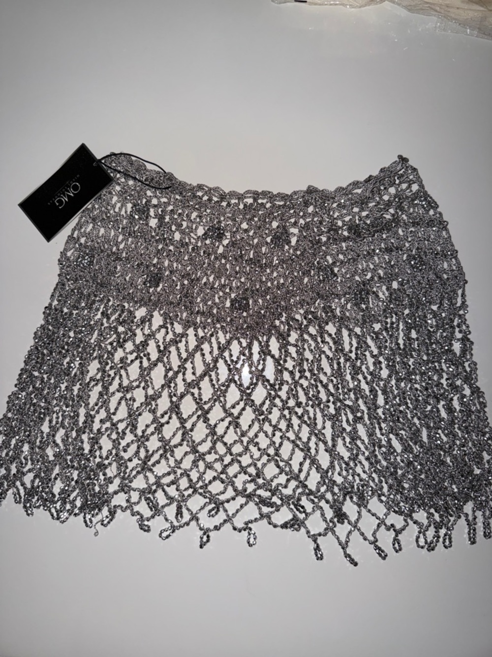 Silver Beaded Crochet Mesh Swim Coverup Skirt